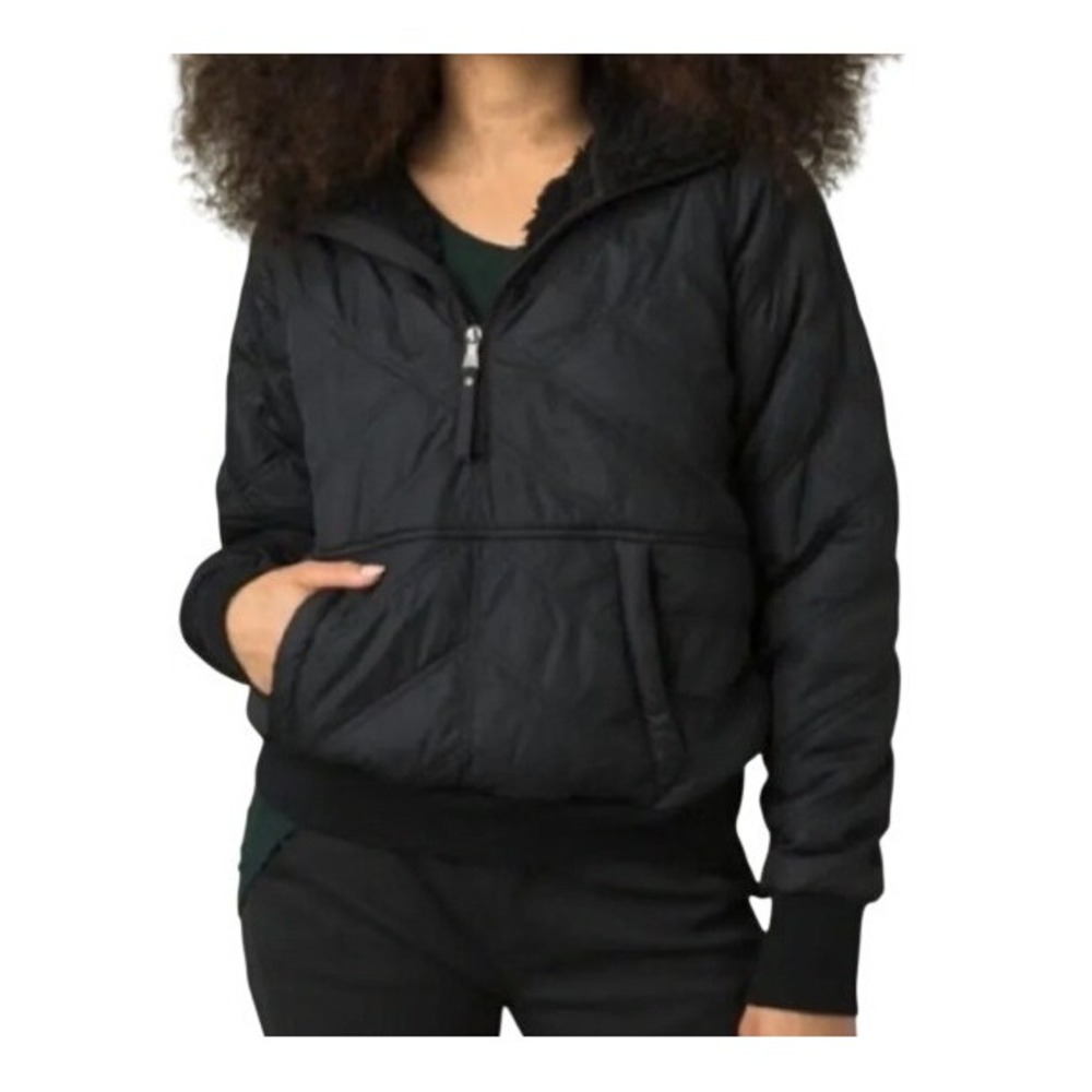 prAna Womens XL Black Esla Half Zip Quilted Sherpa Hooded Pullover Jacket